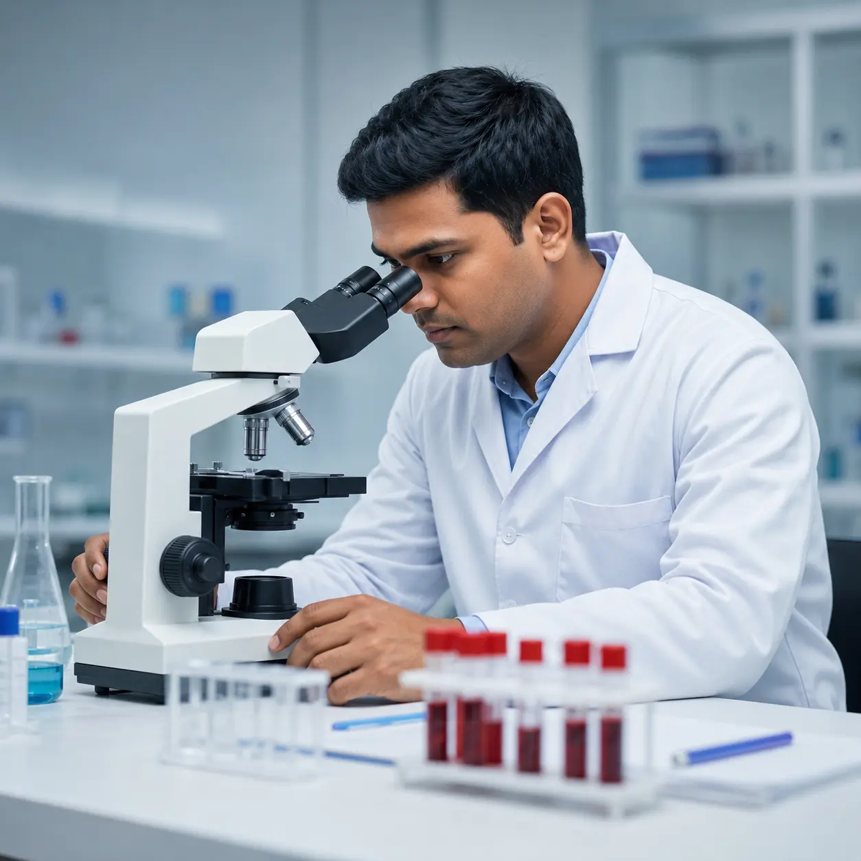 Lab technician at microscope